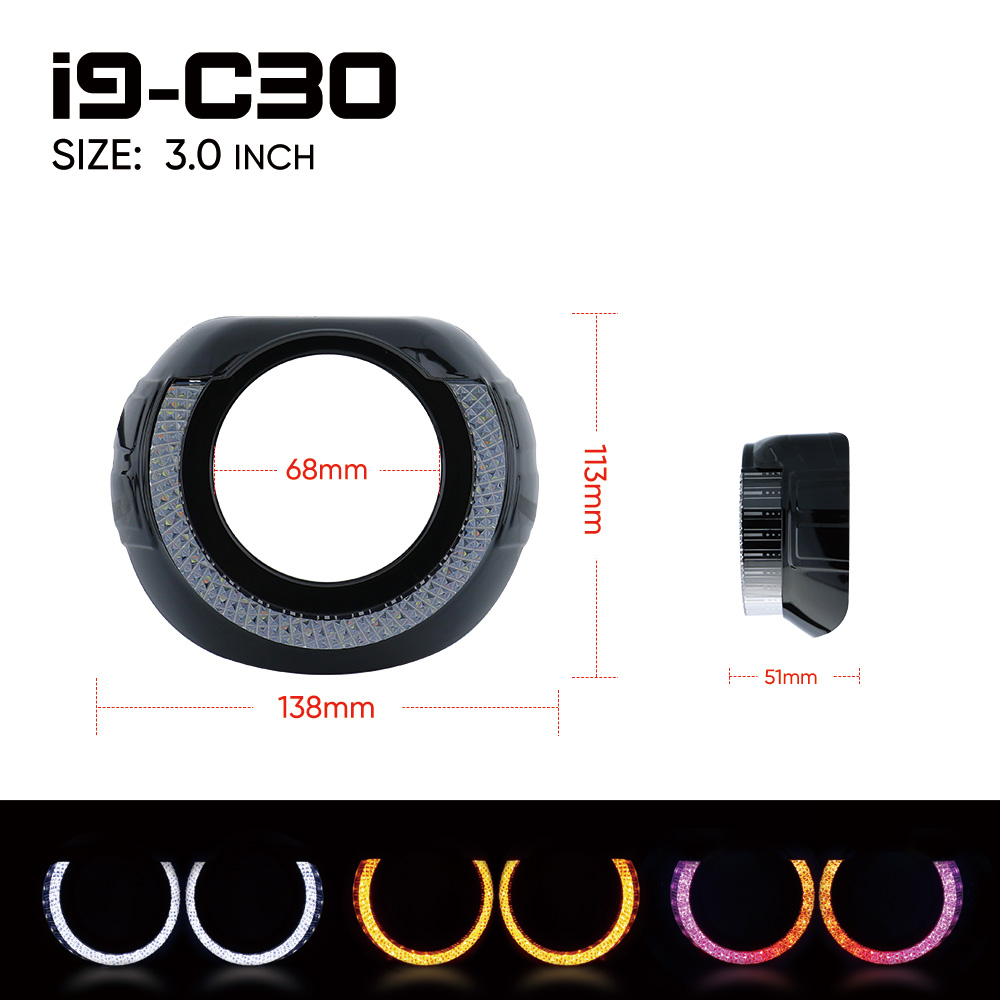 Cubiertas VAHID i9-C30 con ojos de ángel 5D y aros halo para proyectores de 3,0 pulgadas, retrofit y personalización de faros