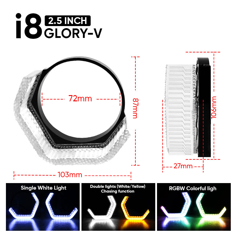 Cubiertas VAHID i8-V25 de 2,5 pulgadas con ojos de ángel 5D y aros hexagonales para retrofit de faros