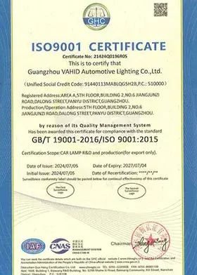 Certificado ISO9001 n.º 21424Q0196R0S de Guangzhou VAHID Automotive Lighting Co...
