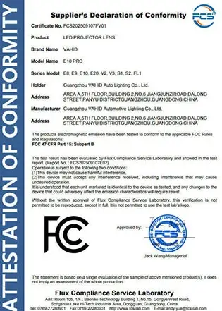 Declaración de conformidad del proveedor, certificado n.º FCs202509107FV01, prod..