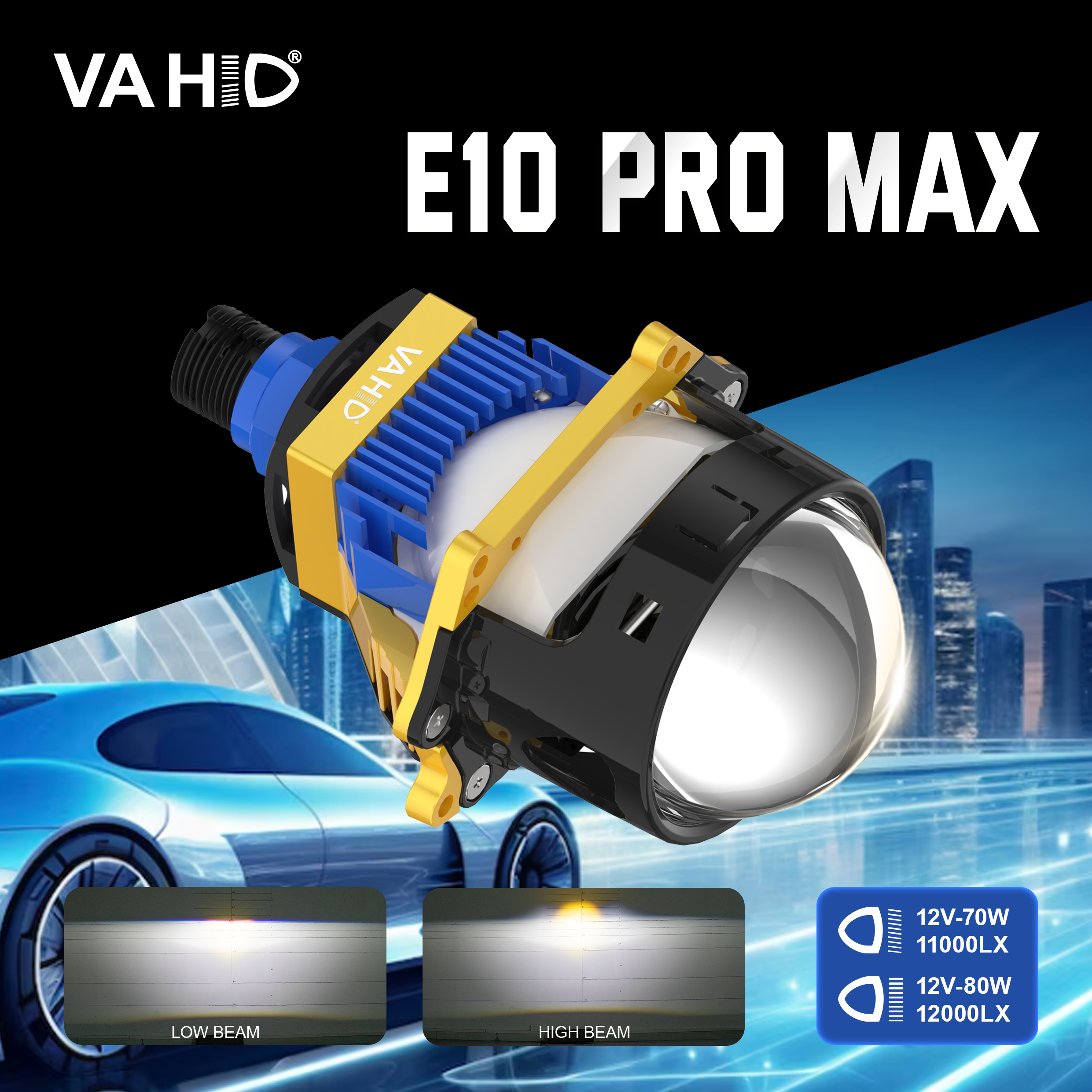Proyector LED VAHID E10 Pro Max T de 3,0 pulgadas: máxima luminosidad, triple reflector y refrigeración de alto rendimiento